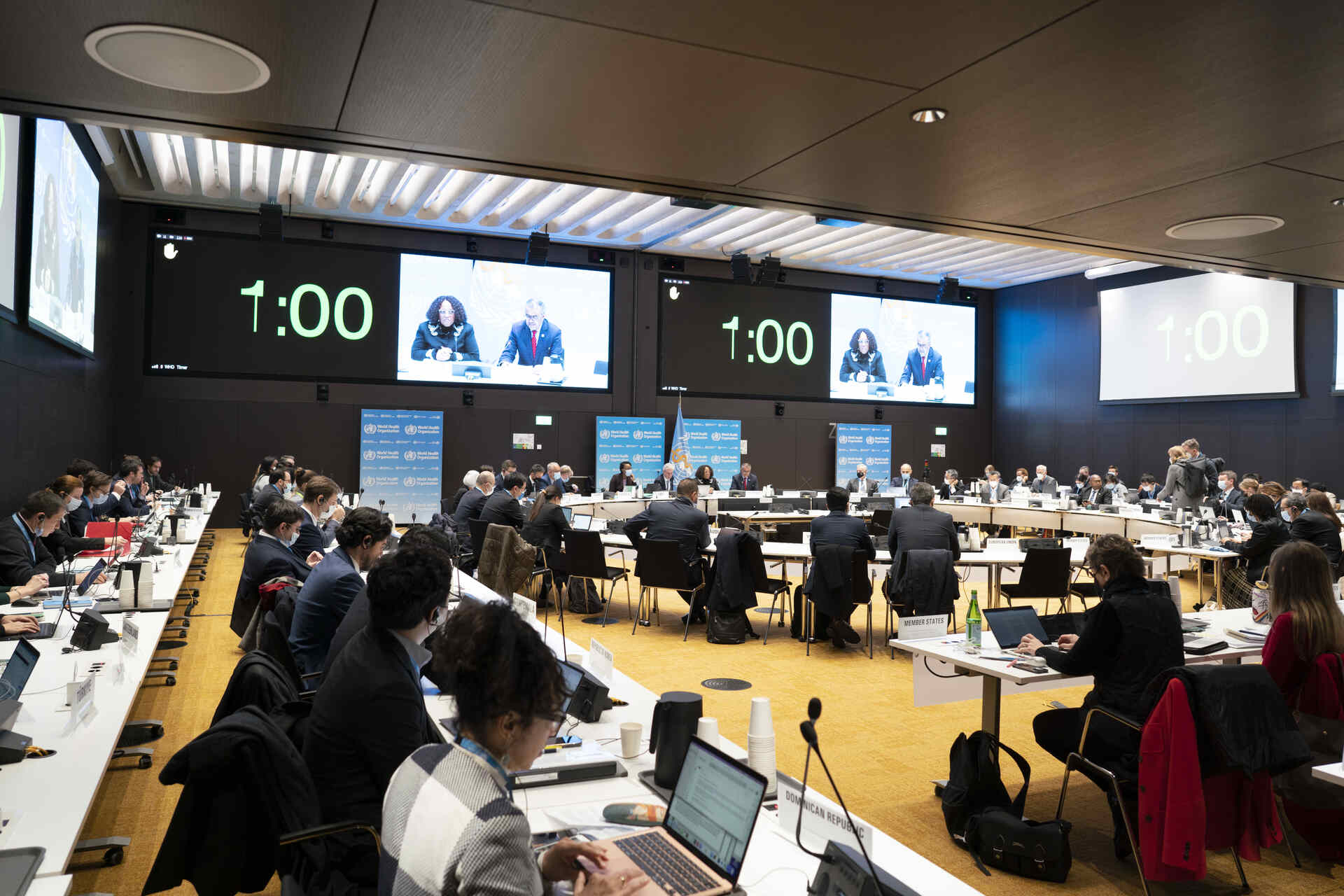 Delegates of Member States participating in a meeting at WHO headquarters.